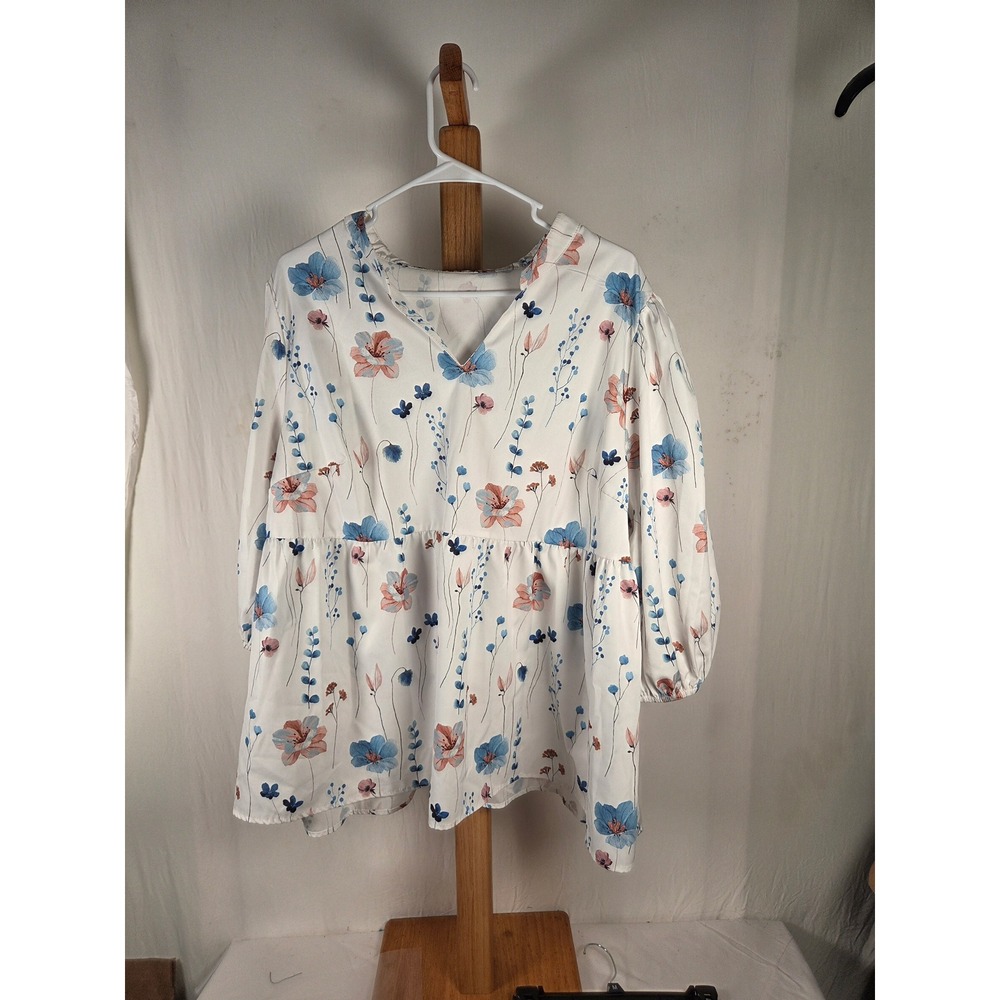 Floral Babydoll Blouse White Blue Pink V-Neck Puff Sleeve Peplum Top Large